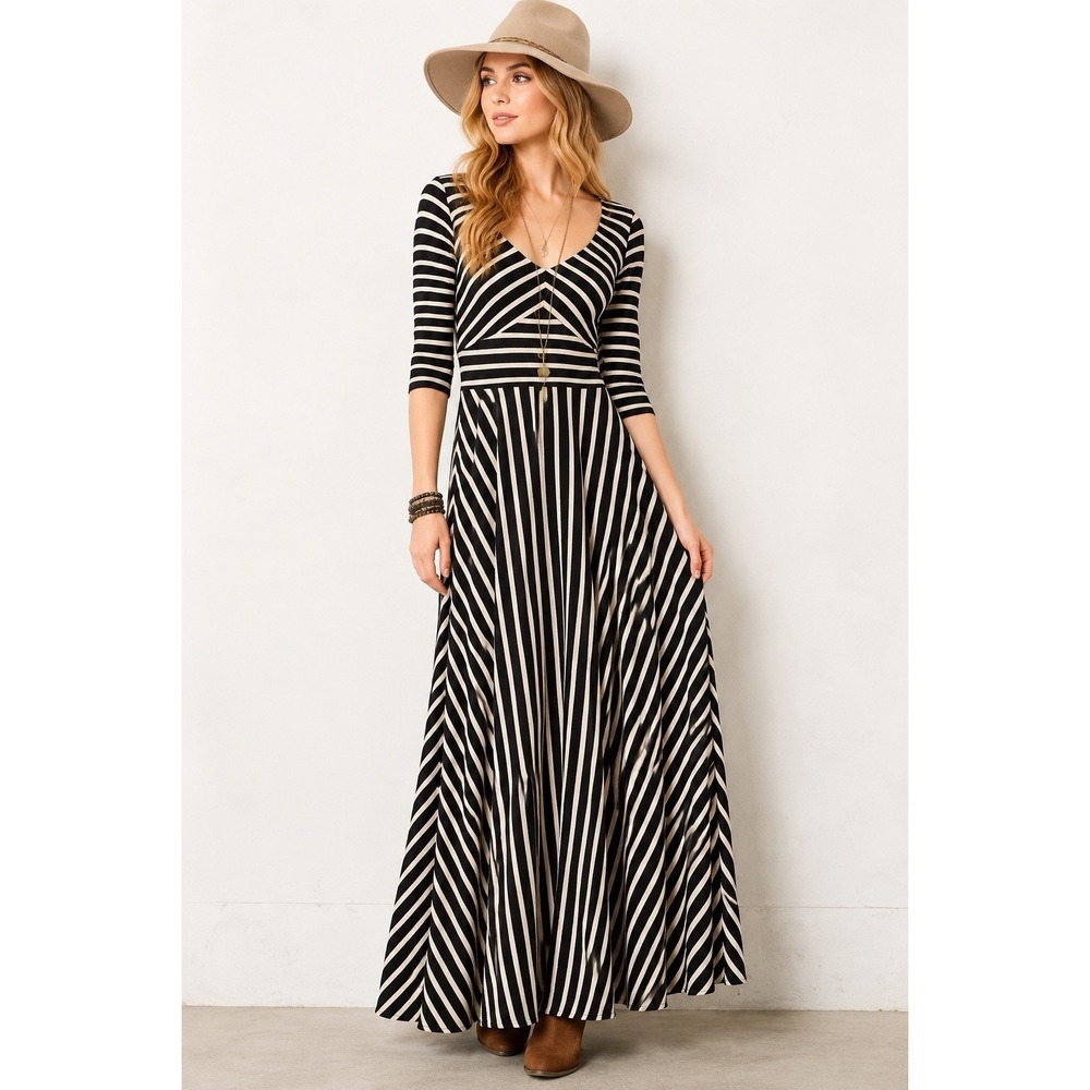Anthropologie Puella Demarcation Black & Beige Stripe Maxi Dress S